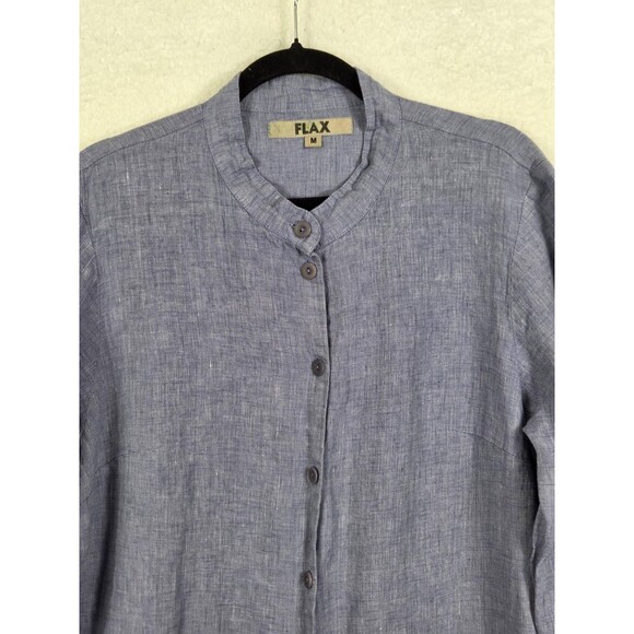 Flax Linen Tunic Shirt M Blue Button Front 3/4 Sleeve Minimalist Lagenlook - Picture 2 of 7